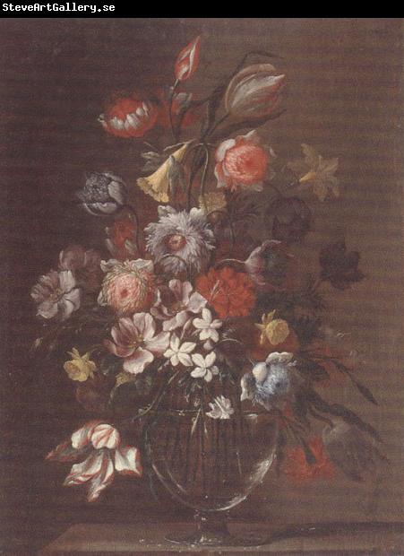 unknow artist Still life of carnations,tulips,roses and daffodils,in a glass vase,upon a table-top